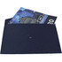 A navy Fab Felt Folder with an interior pocket, holding a brochure. It features a logo on the front.