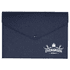 A navy felt folder with a pointed flap closure and a logo on the front.