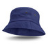 A navy blue bucket hat with a wide brim and ventilation holes, featuring a logo on the side.
