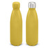 A drink bottle set featuring two yellow vacuum bottles with a matte finish and metal caps. Each has a logo.