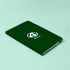 A green A5 notebook with a logo on the cover, featuring a sleek, minimalist design.