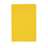 A bright yellow A5 notebook with a smooth cover and a ribbon bookmark, featuring a logo on the front.