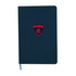 A navy A5 notebook featuring a logo on the cover and a blue ribbon bookmark.