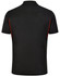 A black men's polo shirt featuring contrast red piping on the sides and a small logo on the chest.