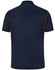 A navy polo shirt with short sleeves and contrast detailing in red. It features a logo on the left side.
