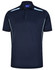 A navy blue polo shirt with contrasting light blue trims and a collar, featuring a logo.