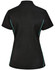 A black ladies' polo shirt with contrast teal piping and a logo on the back.
