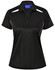 A black ladies' polo shirt with contrast white stripes, featuring a collar and three-button placket. It has a logo.