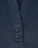 A close-up of a navy blue polo shirt featuring a V-neck and two buttons. The fabric appears sustainable.