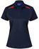 A navy blue polo shirt featuring contrasting red accents and a two-button placket. It has a logo on the chest.
