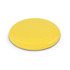 A yellow flying disc featuring a smooth surface and raised concentric rings.