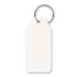 A key ring with a blank white tag attached, ideal for labeling or personalization.