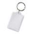 A rectangular key ring with a transparent plastic cover and a metal keyring attachment.