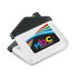 A white magnetic clip shaped like a house with a black top and a logo. Suitable for office use.