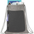 A grey drawstring bag with a front pocket, containing various items, and featuring a logo.