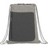 A grey drawstring bag featuring a black zip pocket and a logo. Made from recycled materials.