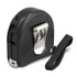 A locking tape measure featuring a sturdy black casing, a metal clip for attachment, and a textured strap for grip.