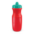 A drink bottle in bright red with a teal lid, featuring a textured grip and a logo.