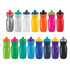A drink bottle collection featuring various colours including silver, white, yellow, orange, green, and blue, with black lids and logos.
