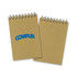 A small Kraft note pad featuring a blue logo on a brown cover, with a spiral binding at the top.