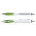 A plastic pen with a white body and green accents, featuring a silver clip and nib. It has a logo on the side.