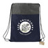 A navy and grey drawstring bag with a circular design and a logo. Features adjustable straps.
