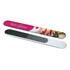 A nail file featuring a vibrant design with a salon logo on one side and a textured filing surface on the other.
