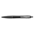 A sleek metal pen featuring a black finish and silver accents.