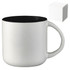 A ceramic mug with a white exterior and black interior, presented alongside a plain gift box.