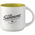 A ceramic mug featuring a white exterior and a yellow interior, with a logo. Comes in a gift box.