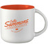 A ceramic mug with an orange interior and white exterior, featuring a logo on the side.