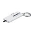 A white tyre tread key ring with a measurement ruler and a silver metal keyring attached.