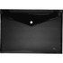 A black, glossy envelope with a button closure, featuring a transparent finish and rounded flap.