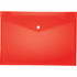 A red, transparent plastic envelope with a button closure, designed for holding documents.
