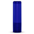 A blue lip balm container with a cylindrical shape and a clear base. It features a simple design and a logo.