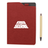 A red notebook with a textured cover and a pen beside it. The notebook features a logo on the front.