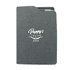 A grey notebook with a textured cover featuring a logo and a slot for cards or papers.