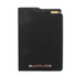 A black A5 notebook with a sleek cover and a pen tucked inside. It features a logo on the front.