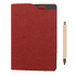 A red A5 notebook with a textured cover and a matching pen beside it. The notebook features a pocket and a ribbon marker.