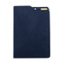 A dark blue A5 notebook with a textured cover, featuring a pen included and a pocket on the side.