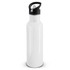 A drink bottle featuring a sleek, white design with a black lid and handle for easy carrying.