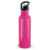 A drink bottle in a vibrant pink color with a black screw-on lid and a carrying handle.