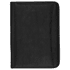A black portfolio with a textured surface, featuring a curved edge and a logo on the front.