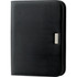 A black portfolio with a sleek design and a silver metal accent, suitable for office and business use.