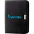 A sleek black portfolio with a logo on the front, featuring a zip closure and a metallic accent.