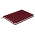 A maroon notebook with a textured cover, featuring a ribbon marker and an elastic closure, has a logo displayed on the front.