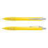A yellow plastic pen featuring a silver clip and accents, presented from two angles.
