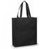A black tote bag with two sturdy straps and a simple design, featuring a logo on one side.
