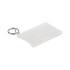 A clear plastic single card holder with a metal keyring attached. It has a smooth surface and rounded edges.