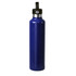 A drink bottle in a deep blue colour with a stainless steel upper section and a black lid, featuring a branding logo.